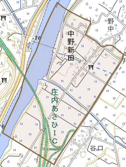 中野新田とその周辺の地図。町の範囲を重ねている