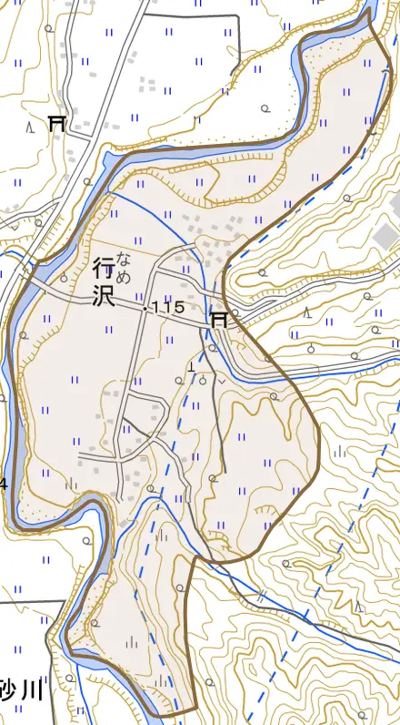 行沢とその周辺の地図。町の範囲を重ねている