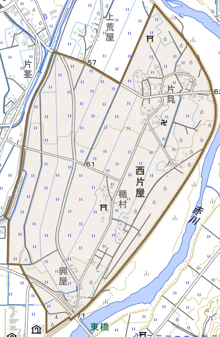 西片屋とその周辺の地図。町の範囲を重ねている