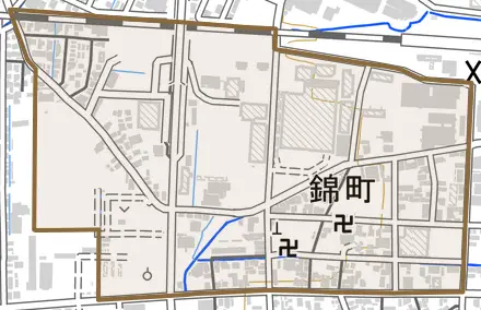 錦町とその周辺の地図。町の範囲を重ねている