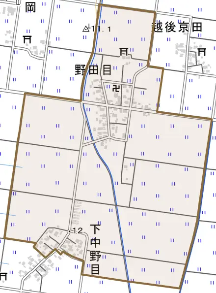 野田目とその周辺の地図。町の範囲を重ねている