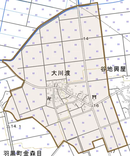 大川渡とその周辺の地図。町の範囲を重ねている