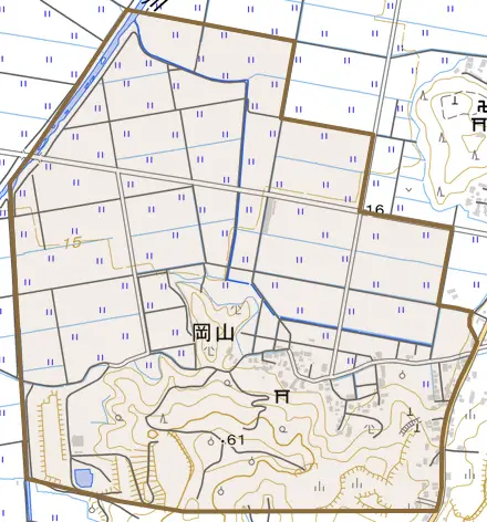 岡山とその周辺の地図。町の範囲を重ねている