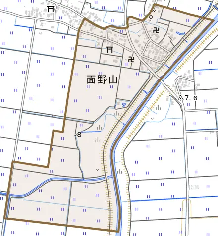 面野山とその周辺の地図。町の範囲を重ねている