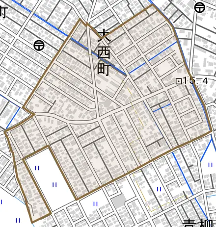 大西町とその周辺の地図。町の範囲を重ねている