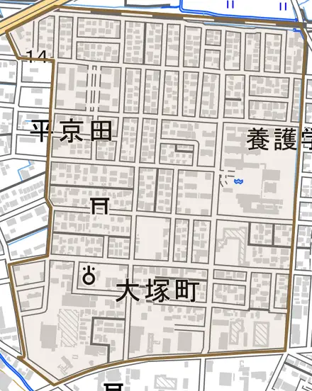 大塚町とその周辺の地図。町の範囲を重ねている