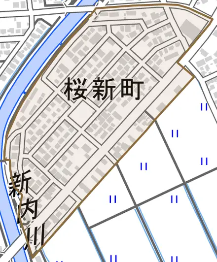 桜新町とその周辺の地図。町の範囲を重ねている