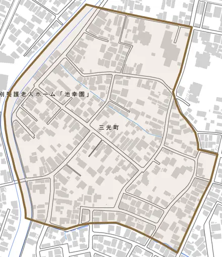 三光町とその周辺の地図。町の範囲を重ねている