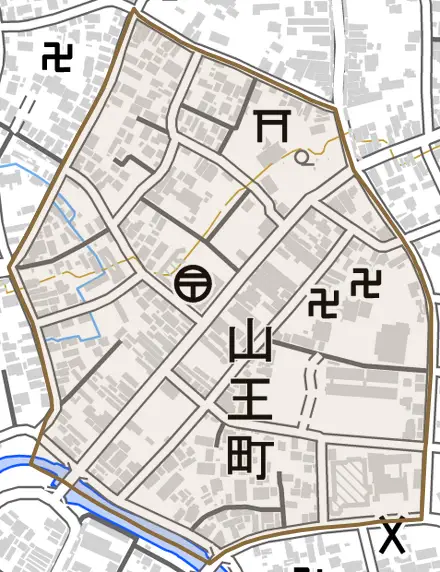 山王町とその周辺の地図。町の範囲を重ねている