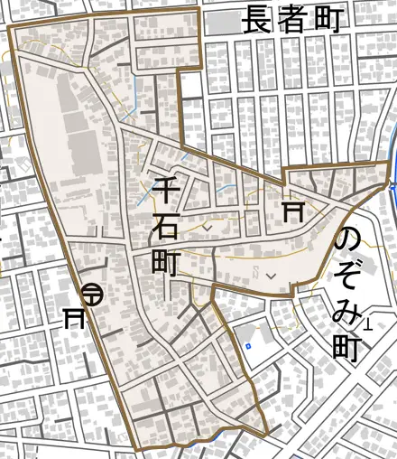 千石町とその周辺の地図。町の範囲を重ねている