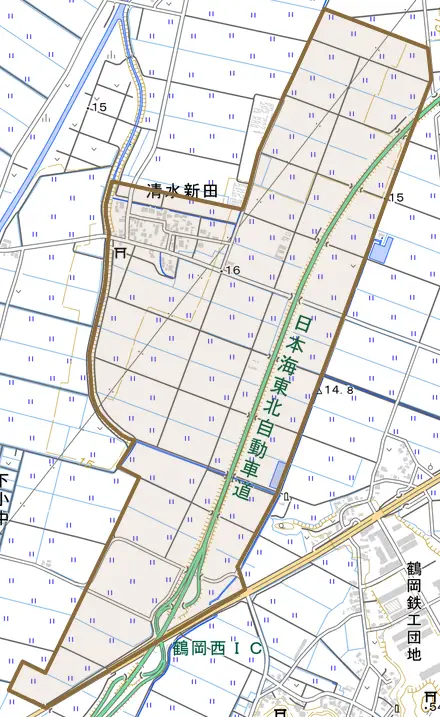 清水新田とその周辺の地図。町の範囲を重ねている