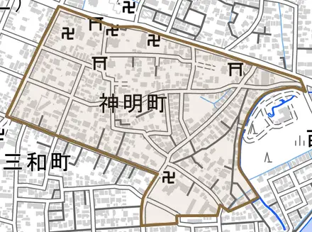 神明町とその周辺の地図。町の範囲を重ねている