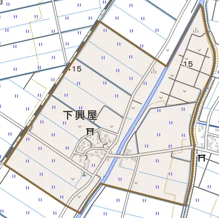 下興屋とその周辺の地図。町の範囲を重ねている