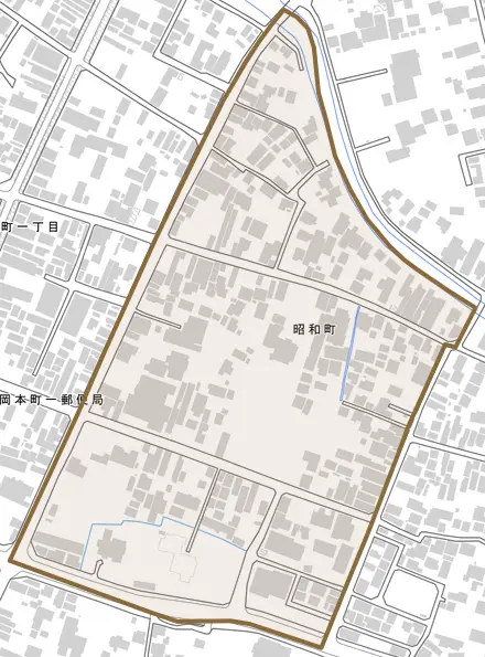 昭和町とその周辺の地図。町の範囲を重ねている