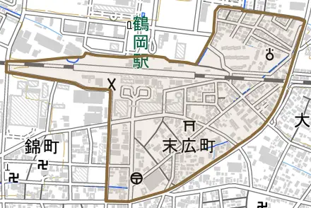 末広町とその周辺の地図。町の範囲を重ねている