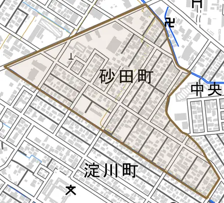 砂田町とその周辺の地図。町の範囲を重ねている