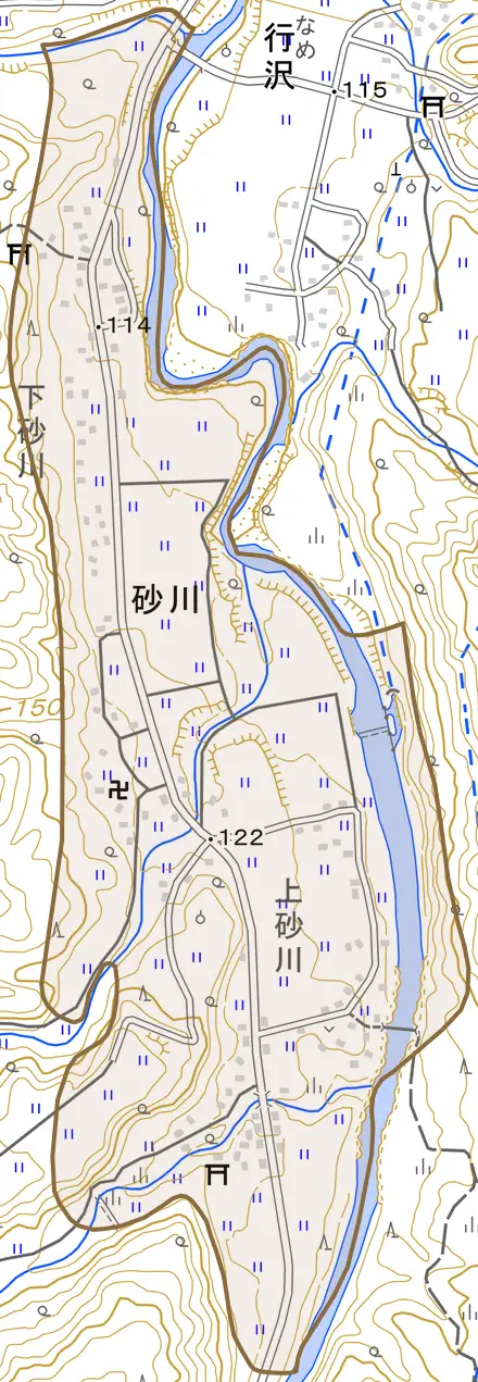 砂川とその周辺の地図。町の範囲を重ねている