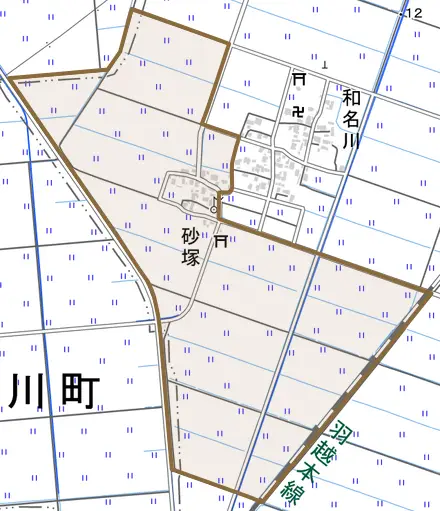 砂塚とその周辺の地図。町の範囲を重ねている