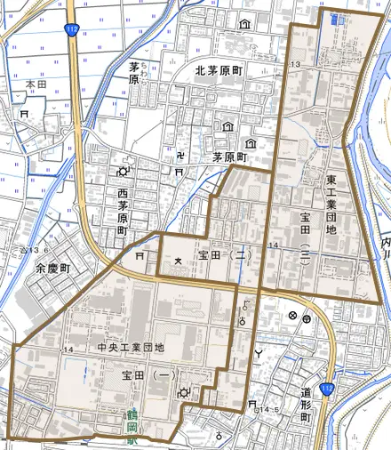 宝田とその周辺の地図。町の範囲を重ねている