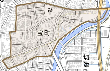 宝町とその周辺の地図。町の範囲を重ねている