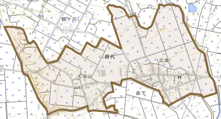田代とその周辺の地図。町の範囲を重ねている