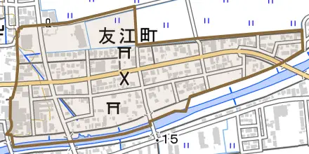 友江町とその周辺の地図。町の範囲を重ねている
