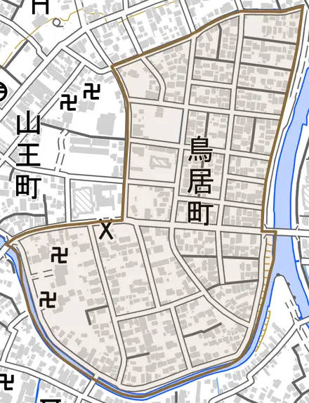 鳥居町とその周辺の地図。町の範囲を重ねている