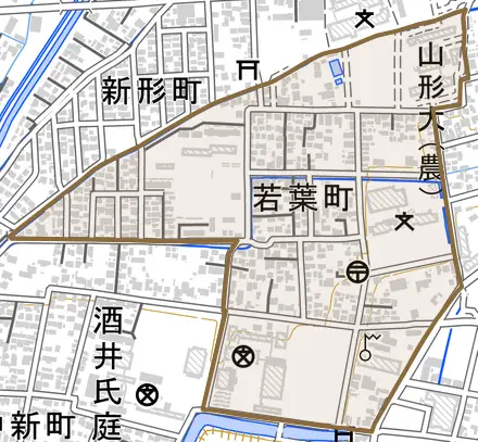 若葉町とその周辺の地図。町の範囲を重ねている