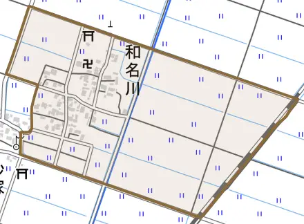 和名川とその周辺の地図。町の範囲を重ねている