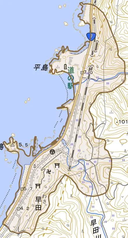 早田とその周辺の地図。町の範囲を重ねている