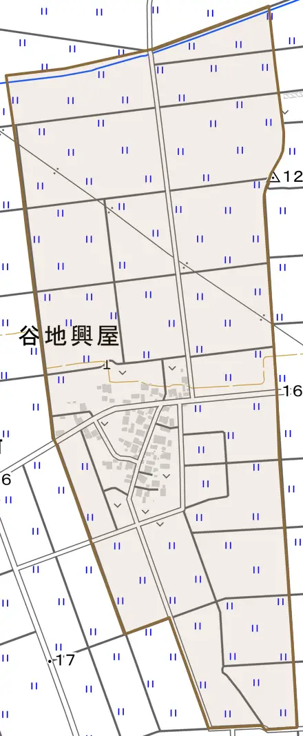谷地興屋とその周辺の地図。町の範囲を重ねている