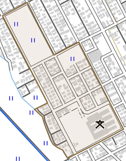 柳田とその周辺の地図。町の範囲を重ねている