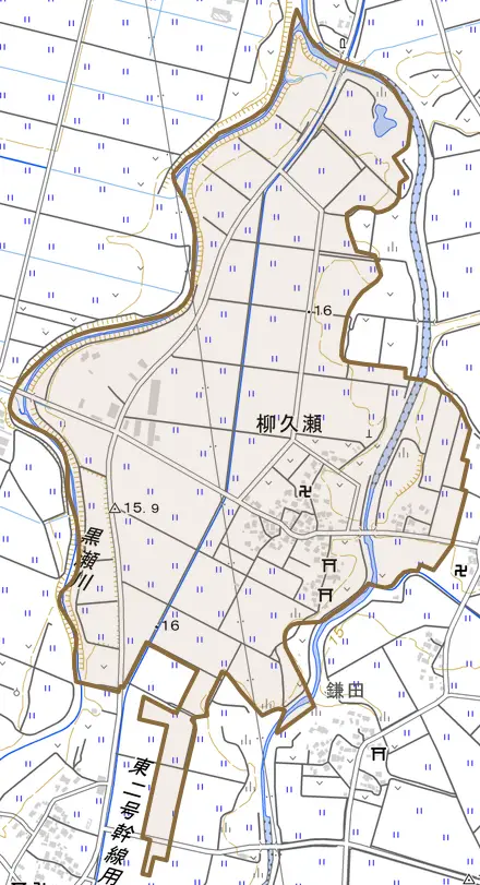 柳久瀬とその周辺の地図。町の範囲を重ねている
