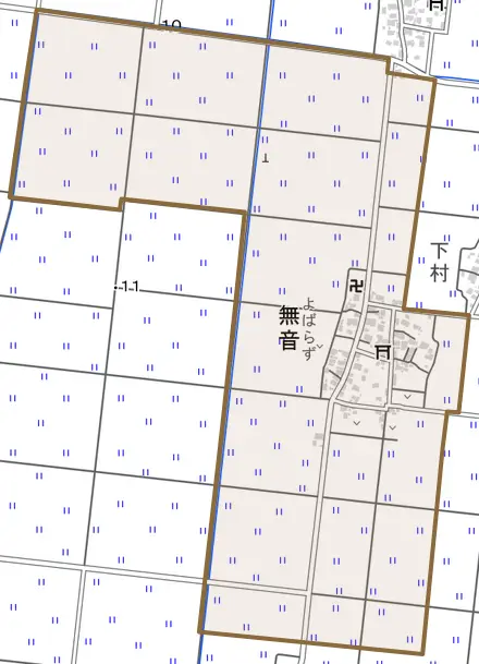 無音とその周辺の地図。町の範囲を重ねている