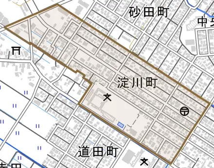 淀川町とその周辺の地図。町の範囲を重ねている