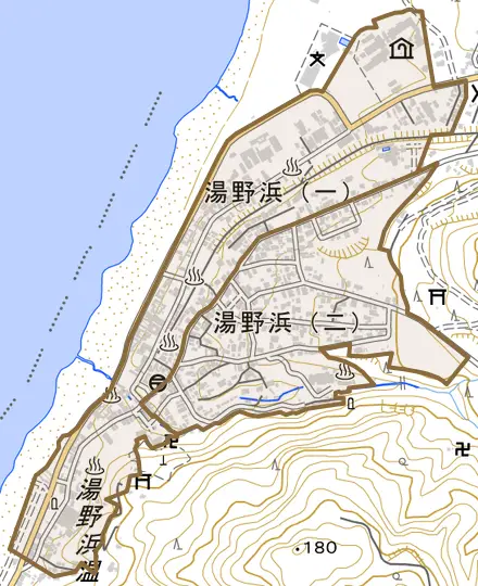 湯野浜とその周辺の地図。町の範囲を重ねている