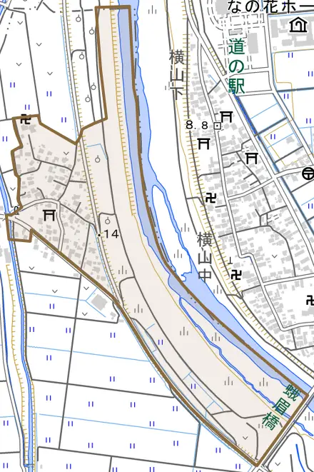 湯野沢とその周辺の地図。町の範囲を重ねている
