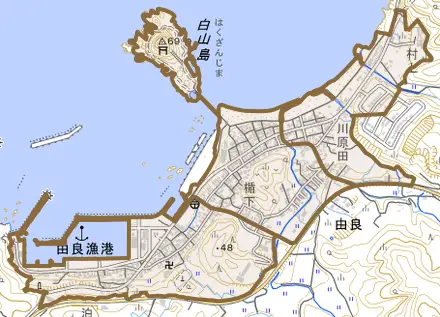 由良とその周辺の地図。町の範囲を重ねている