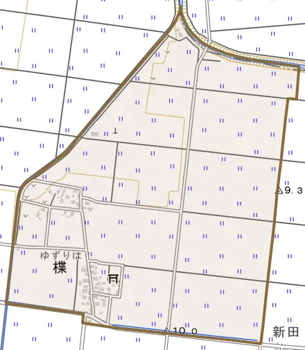 楪とその周辺の地図。町の範囲を重ねている