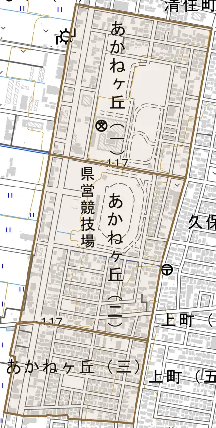 あかねケ丘とその周辺の地図。町の範囲を重ねている