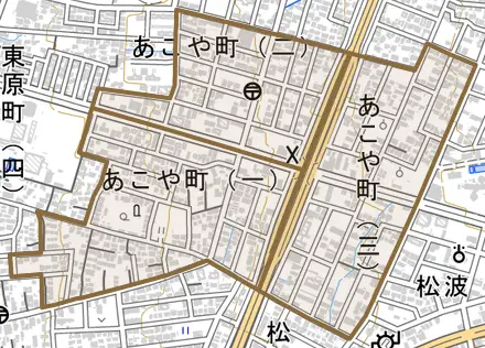 あこや町とその周辺の地図。町の範囲を重ねている