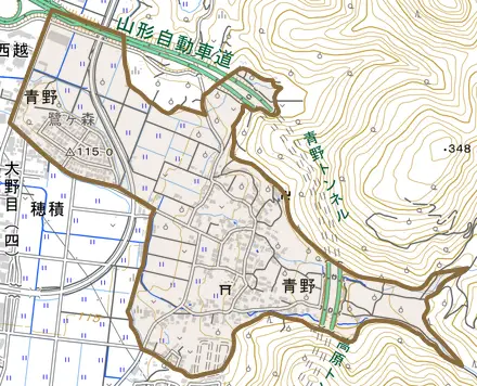 大字青野とその周辺の地図。町の範囲を重ねている