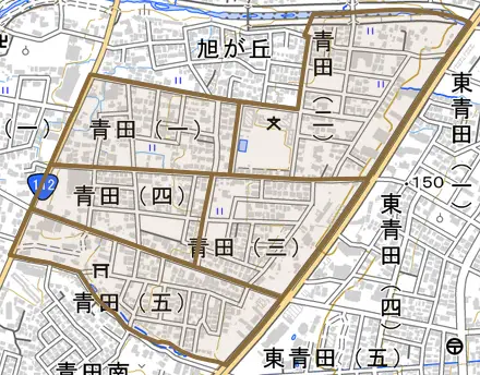 青田とその周辺の地図。町の範囲を重ねている