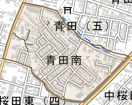 青田南とその周辺の地図。町の範囲を重ねている