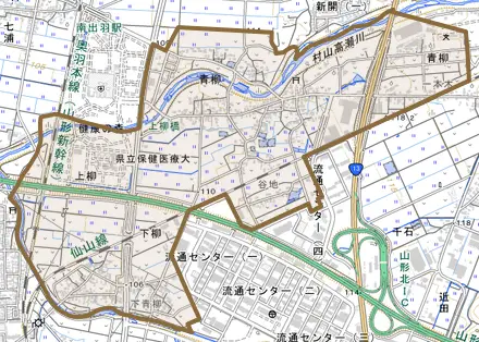 大字青柳とその周辺の地図。町の範囲を重ねている