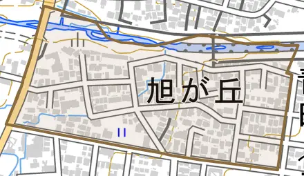 旭が丘とその周辺の地図。町の範囲を重ねている