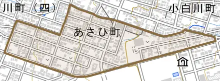 あさひ町とその周辺の地図。町の範囲を重ねている