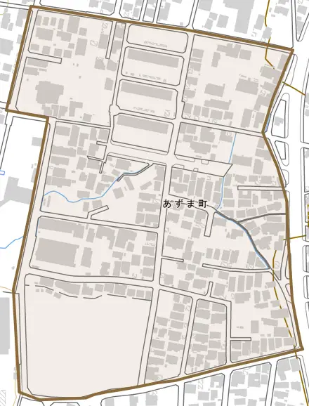 あずま町とその周辺の地図。町の範囲を重ねている