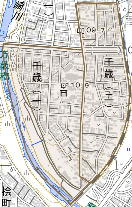 千歳とその周辺の地図。町の範囲を重ねている