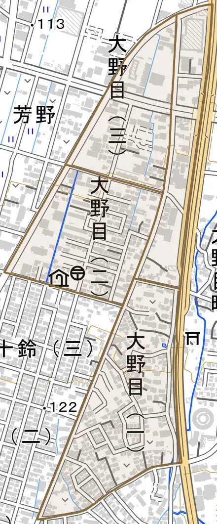 大野目とその周辺の地図。町の範囲を重ねている